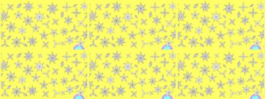 Eskiz geçmişi. Raster illüstrasyonu. Kumaş, tekstil, duvar kağıdı baskısı için. Eski usul. Renkli desenli eskiz deseni, sarı ve beyaz çiçekler ve dekoratif elementler.