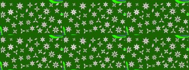 Yeşil ve nötr arkaplanda. Çocuksu tasarım. Tekstil, kumaş, ambalaj, hatıra defteri için hoş bir çiçek arkaplanı. Elle çizilmiş karalama çiçekleri ile Raster çizim deseni.