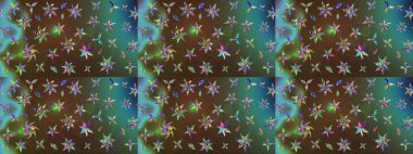 Yeşil ve kahverengi renkli şirin çiçek desenleri. Düz Çiçek Elementleri Tasarımı. Raster Modaya uygun kumaş deseni. Renkli Bahar Teması çizim şablonu.