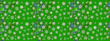 Ağaç dallı bahar çiçekleriyle desen, yeşil renklerde ve çiçek siluetiyle nötr renkler. Raster deseni.