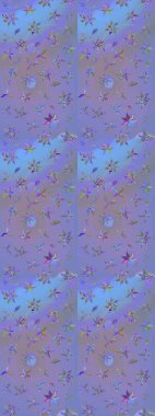 Nakış desenli çiçek deseni. Parmak izi, kumaş, duvar kâğıdı, tekstil için raster dokusu. Renkli grunge soyut arkaplanı kolonya ve mavi çiçeklerle zenginleştirir.