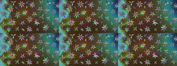 Yeşil ve kahverengi renkli şirin çiçek desenleri. Düz Çiçek Elementleri Tasarımı. Raster Modaya uygun kumaş deseni. Renkli Bahar Teması çizim şablonu.