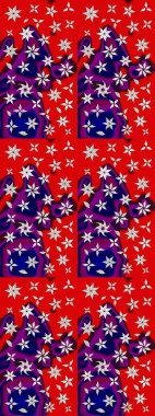 Asya tekstil tarzında. Kırmızı ve mor renkte çiçekler. Raster illüstrasyonu. Çiçek desenli çizim. Raster illüstrasyonu.