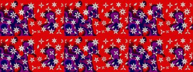 Kırmızı ve mor renkte çiçekler. Düz Çiçek Elementleri Tasarımı. Raster illüstrasyonu. Çiçek desenli çizim. Renkli Bahar Teması eskiz kalıbı. Asya tekstil tarzında.