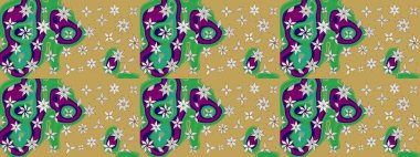 Çiçekli ipek eşarp. Retro tekstil tasarım koleksiyonu. Sarı ve yeşil, sarı ve yeşil. 1950-1960 motifleri. El çizimi çiçek elementleri ile soyut çizim raster deseni.