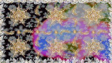 El yapımı dekoratif çerçeve, albüm kapağı, tebrik kartı, klasik Art deco tarzı. Raster soyut çiçek çelengi altın karalama fantezi yaprakları ve gri renkli çiçekler.