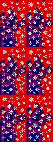 Asya tekstil tarzında. Kırmızı ve mor renkte çiçekler. Raster illüstrasyonu. Çiçek desenli çizim. Raster illüstrasyonu.