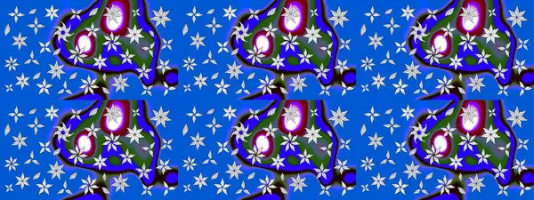 Raster illüstrasyonu. Asya tekstil tarzında. Mavi ve nötr renklerde çiçekler. Çiçek desenli çizim. Düz Çiçek Elementleri Tasarımı. Renkli Bahar Teması çizim şablonu.