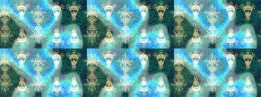 Raster illüstrasyonu. Şirin çiçekli eskiz deseni ve mavi, yeşil ve nötr renklerde yapraklar, suluboya çiçek deseni, duvar kağıdı, kart veya kumaş için fayanslı.