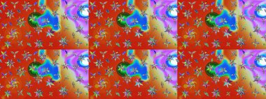 Çocuksu tasarım. Turuncu ve kırmızı arka planda. Tekstil, kumaş, ambalaj, hatıra defteri için hoş bir çiçek arkaplanı. Elle çizilmiş karalama çiçekleri ile Raster çizim deseni.