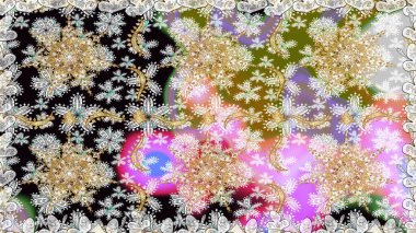 Çiçekli süslemeli, pürüzsüz bir desen. Süslü dantel iz sürücü. Tarafsız renkler üzerine geleneksel Arapça dekor. Duvar kâğıdı için altın süslü bir illüstrasyon. Doğu tarzında vintage tasarım ögesi.