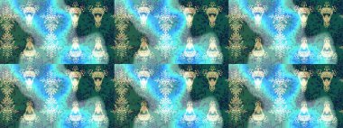 Mavi, yeşil ve nötr renklerde etnik çiçekli zarif bir eskiz deseni. Asya Tekstil 'inde Raster Çiçek İllüstrasyonu.