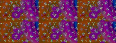 Çiçekli ipek eşarp. El çizimi çiçek unsurları olan soyut çizim raster deseni. 1950-1960 motifleri. Retro tekstil tasarım koleksiyonu. Mor ve kahverengi, mor ve kahverengi..