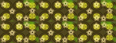 Yeşil, kahverengi ve sarı kar taneleri. Raster illüstrasyonu. Kar tanelerinin soyut arkaplanlı Noel şablonu. Noel ve Yeni Yıl moda baskıları için tatil tasarımı.