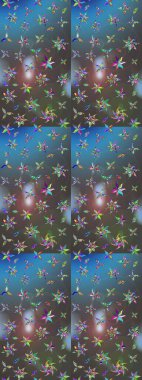 Raster illüstrasyonu. Çiçek desenli çizim. Mavi ve gri renkli Asya tekstili.