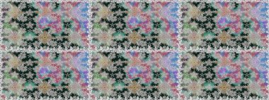 Kumaş, tekstil, duvar kağıdı baskısı için. Eski usul. Renkli desenli, gri çiçekli ve dekoratif elementli kusursuz desen. Kusursuz bir geçmişi var. Raster illüstrasyonu.