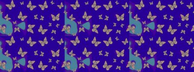 Çizim kalıbı. Kağıt, kumaş, ambalaj kağıdı ve duvar kâğıdı tasarımı için hoş bir arkaplan. Raster illüstrasyonu. Elle çizilmiş kelebeklerle moda raster yaz şablonu.