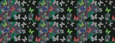 Kumaş, kağıt, ambalaj kâğıdı ve duvar kağıdı tasarımı için harika bir arka plan. Raster. Robot resim. Kelebek desenleri gri.