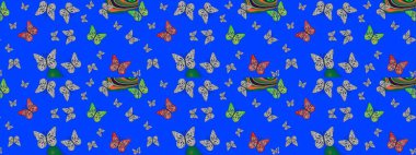 Mavi renkli sanat kelebekleri. Raster illüstrasyonu. Albüm için resim. Renkli kelebeklerin eskiz arka planı.