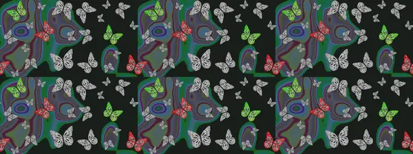 Kumaş, kağıt, ambalaj kâğıdı ve duvar kağıdı tasarımı için harika bir arka plan. Raster. Robot resim. Kelebek desenleri gri.