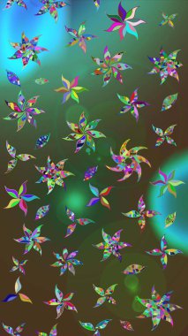 Düz Çiçek Elementleri Tasarımı. Yeşil ve kahverengi renkli çiçekler. Renkli Bahar Teması eskiz kalıbı. Çiçekle çizim deseni.