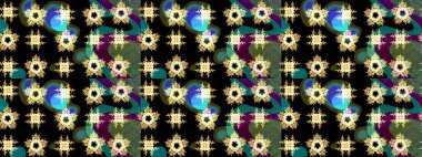 Parlak renkli fantezi çiçekleri, yapraklar, siyah renkli tomurcuklar. Suluboya el çizimi elementli çiçek çizimi deseni.