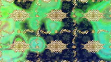 Çizim altın desenli bukleler. Raster Golden eskiz kalıbı. Doğu tarzı arabesk tarzında altın elementler. Yeşil renkte çizim deseni.