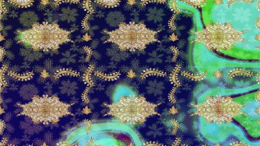 Raster illüstrasyonu. Altın elementli mavi renkte klasik eskiz deseni.