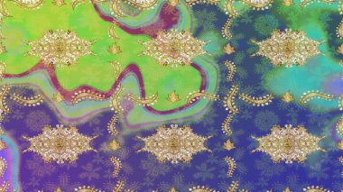 Klasik Raster Golden eskiz kalıbı. Klasik klasik klasik arka plan. Geleneksel oryantasyon süsü. Yeşil renkler ve altın elementler üzerine çizim deseni.