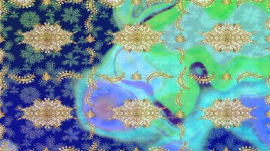 Geleneksel oryantasyon süsü. Klasik klasik klasik arka plan. Klasik Raster altın desenini çiz. Altın elementlerle mavi renklerde altın desen.