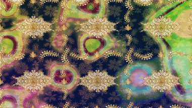 Kıvrımlı çizimler. Raster altın desen. Doğulu stil, altın elementlerle altın deseni nötr renklerle donatır..