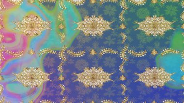 Altın şablonu çiz. Raster altın çiçek süsü brokar kumaş ve cam desenli. Çiçek desenli altın metal. Altın elementli mavi renkler.