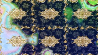 El yapımı dekoratif çerçeve, albüm kapağı, tebrik kartı, klasik Art deco tarzı. Raster soyut çiçek çelengi altın karalama fantezi yaprakları ve mavi renkli çiçek.