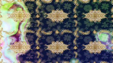 Mavi renkler ve altın elementler üzerine çizim. Altın şablonu çiz. Raster doğulu süsü.