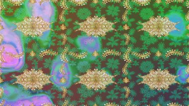 Tekrarlayan elementlerle soyut arkaplan oluşturun. Klasik altın desenli eskiz. Raster illüstrasyonu. Yeşil renkler ve altın elementler üzerine altın çizim deseni.