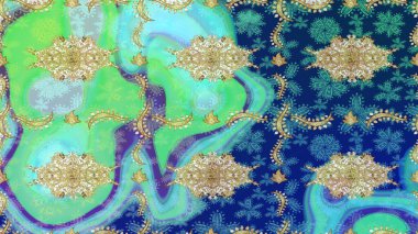 Klasik altın desenli çizim. Raster geleneksel oryantasyon süsü. Altın elementlerle mavi renklerde altın desen.