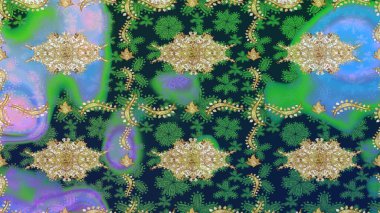 Geleneksel oryantasyon süsü. Mavi renkler ve altın elementler üzerine çizim. Klasik Raster Golden eskiz kalıbı. Klasik vintage arkaplan.