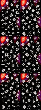 Üzerinde gelincikler ve vadi zambakları olan renkli çiçek desenli nakış deseni. Tekstil tasarımı için siyah ve nötr renklerde geleneksel halk çiçekleri buketi.