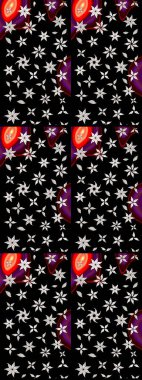 Üzerinde gelincikler ve vadi zambakları olan renkli çiçek desenli nakış deseni. Tekstil tasarımı için siyah ve nötr renklerde geleneksel halk çiçekleri buketi.