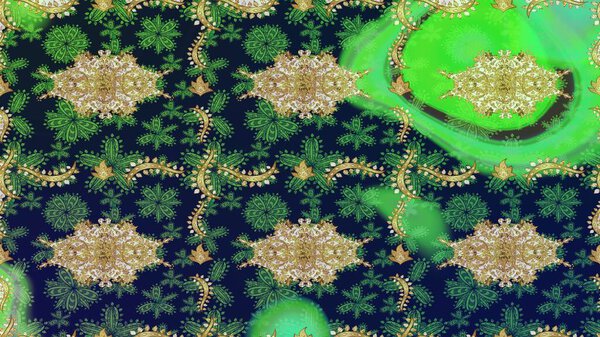 Christmas 2019, snowflake, new year. Vintage sketch pattern on a green colors with golden elements.