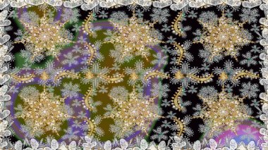 Altın şablon. Kart, duvar kağıdı, ambalaj ve tekstil için klasik tasarım. Gri renkli Royal retro. Kusursuz desenli altın elementler. Raster illüstrasyonu. Çiçeksel klasik doku.