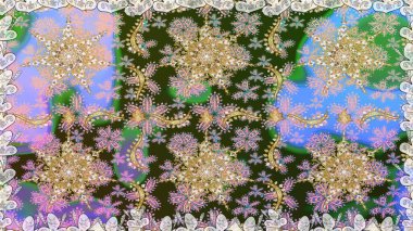 Barok tarzında altın çiçek süsü. Tarafsız renklerde altın element. Damask arkaplanı tekerrür ediyor. Antika altın tekrarlanabilir duvar kağıdı.