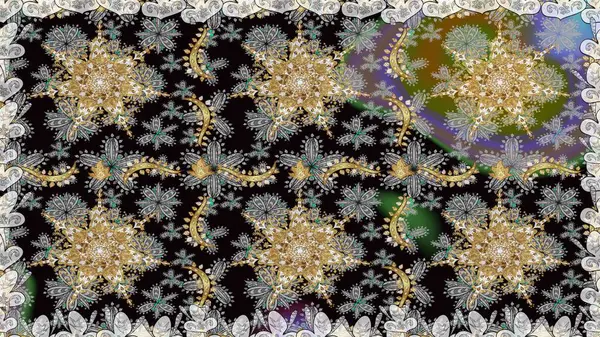 Çizgi sanatı tasarım şablonu için kusursuz sınır. Altın desenli çiçek dekoru. Gri renklerdeki altın element. Doğu tarzı element. Davetiyeler, kartlar, web sayfası için Raster illüstrasyonu.