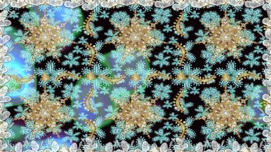 Doğum günü kartı, davetiye ya da afiş için iyidir. Kusursuz ortaçağ çiçek deseni. Tarafsız renklerde altın. Raster illüstrasyonu. Dekoratif simetri arabesk.