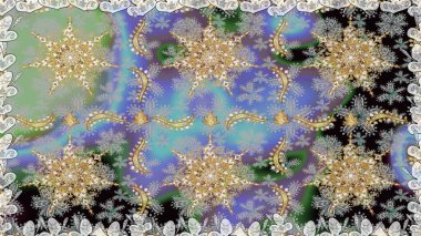 Raster illüstrasyonu. Dekoratif simetri arabesk. Gri renklerde altın. Kusursuz ortaçağ çiçek deseni. Doğum günü, davetiye ya da afiş için tebrik kartı.