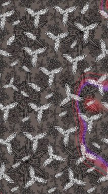 Gri renkli bitkilerden oluşan parlak çiçekli çizim deseni.