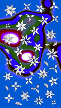 Asya tekstil tarzında. Düz Çiçek Elementleri Tasarımı. Çiçek desenli çizim. Renkli Bahar Teması eskiz kalıbı. Raster illüstrasyonu. Mavi ve nötr renkte çiçekler.