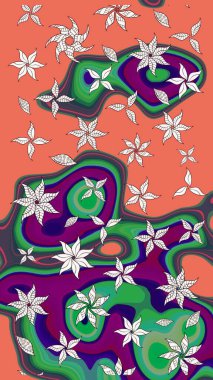 Bir sürü turuncu ve yeşil soyut çiçekli tropik eskiz deseni. Varicoloorange ve yeşil raster çizimi. Küçük çiçekte sevimli çiçek deseni var..