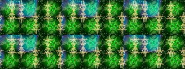 Yeşil, mavi ve sarı renkli kristal kar taneleri. Raster illüstrasyonu.