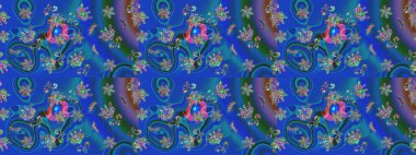 Çiçek izi. Suluboya çizim kalıbı. Suluboya tarzında mavi, yeşil ve menekşe renkleri üzerine çiçekler.